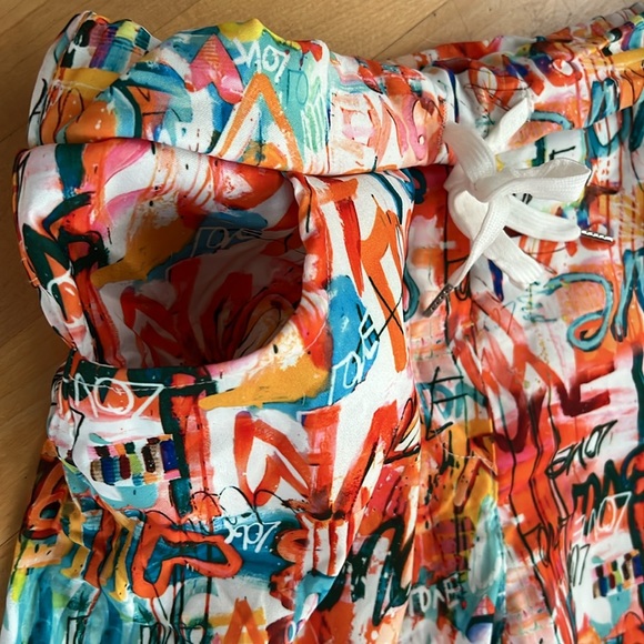 🧡LOVE Grafitti Abstract Drawstring Joggers / Pants | Orange/Teal | S/M - Picture 11 of 17